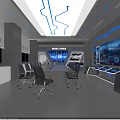 Hi Tech Conference Room Interior With Large Digital Screens Blue Lighting And Metallic Chairs