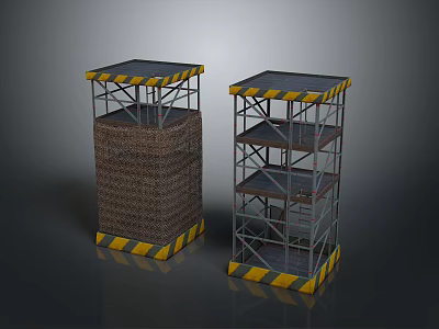 Two Different Scaffolding Structures With Yellow Black Warning Stripes And Multi Layer Design 3d model
