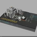 Display Platform With Transparent Wrapped Cubes Scrolls Warning Stripes And Blueprints