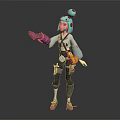 Vibrant Character With Teal Hair Pink Gloves And Tiny Creature Companion In Casual Outfit