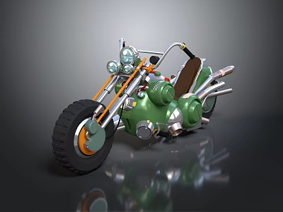 Green Custom Motorcycle With Classic Headlights Exhaust Pipes And Leather Seat 3d model