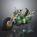 Green Custom Motorcycle With Classic Headlights Exhaust Pipes And Leather Seat