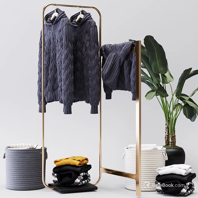 Modern Metal Clothes Rack With Knitted Sweater Green Plant Folded Clothes And Baskets 3d model 