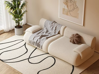 Beige Two Seater Sofa With Knitted Blanket Decorative Pillow On Curved Rug And Abstract Art 3d model