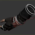 Black Mechanical Glove With Red Accents Blue Details And Metal Rings Design
