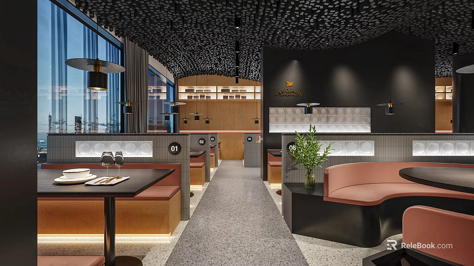 Modern Restaurant Interior With Black Ceiling Large Windows Brown Seats And Green Plants 3d model 