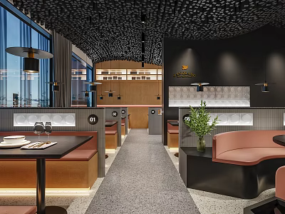 Modern Restaurant Interior With Black Ceiling Large Windows Brown Seats And Green Plants 3d model