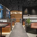 Modern Restaurant Interior With Black Ceiling Large Windows Brown Seats And Green Plants