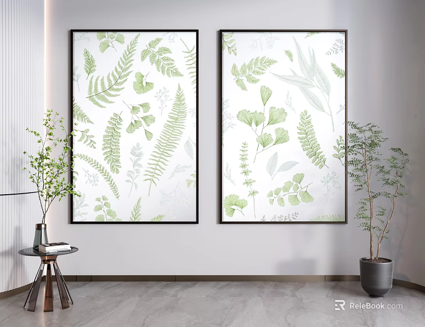 Framed Green Leaf Pattern Wall Art In Modern Indoor Space With Potted Plants 3d model