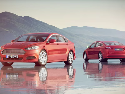 Two Red Sleek Sedans Parked On Water Surface With Mountain Backdrop And Reflections 3d model