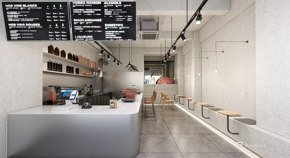 Cafe Interior with Menu Board Counter Coffee Machine Stools and Minimalist Lighting 3d model