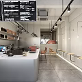 Cafe Interior with Menu Board Counter Coffee Machine Stools and Minimalist Lighting