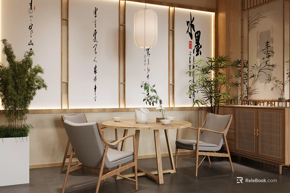 Natural Chinese Wooden Tea Table And Chairs With Calligraphy Decorations Hanging Lantern And Green Plants 3d model 