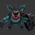 Green Spiked Warrior Monster Character With Orange Glowing Eyes And Weapon Shield