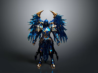Armored Warrior With Blue Wings And Golden Horns In Ornate Blue Gold Armor 3d model