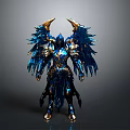 Armored Warrior With Blue Wings And Golden Horns In Ornate Blue Gold Armor