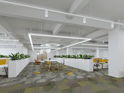 Modern Public Office Space with Open Layout Suspended Lights Green Plants and Colorful Chairs 3d model