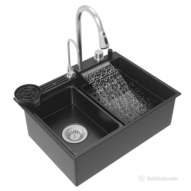 Modern Black Double Bowl Kitchen Sink With Faucet Water Flow And Drain 3d model 