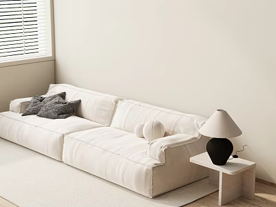 Cozy White Double Sofa With Throw Pillows And Side Table By Window Blinds 3d model