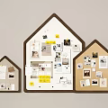 Decorative House Shaped Corkboards Adorned With Photos Notes And Design Sketches