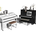 Elegant Musical Instruments and Art Supplies Including White and Black Pianos Stools Vases and Plants