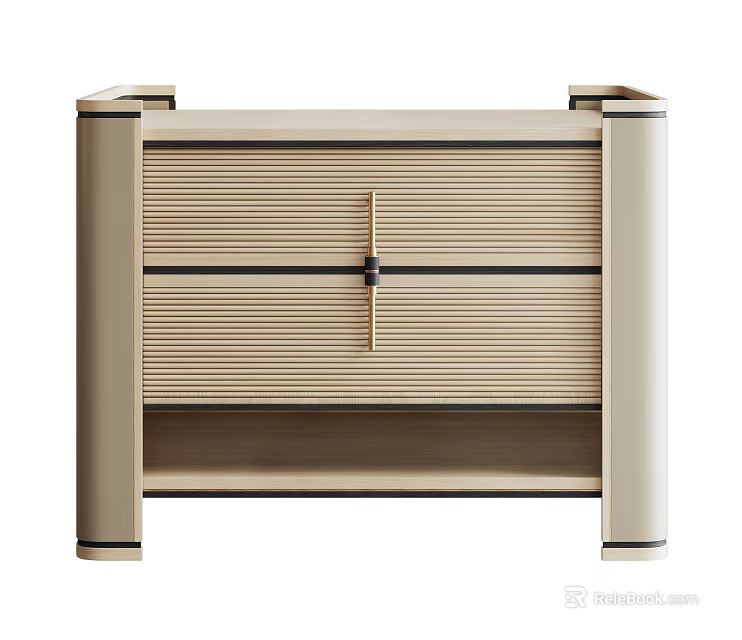 Contemporary Entryway Console Side Cabinet With Beige Vertical Striped Doors And Black Accent Trims 3d model 