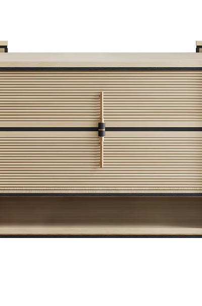 Contemporary Entryway Console Side Cabinet With Beige Vertical Striped Doors And Black Accent Trims 3d model