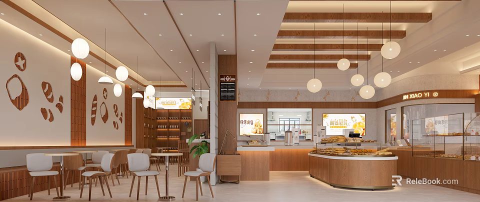 Modern Wooden Dessert Shop Interior With Pendant Lights And Pastry Display Counter 3d model 