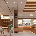 Modern Wooden Dessert Shop Interior With Pendant Lights And Pastry Display Counter