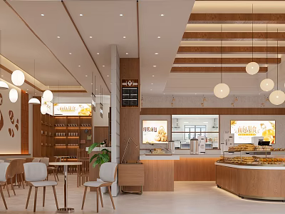 Modern Wooden Dessert Shop Interior With Pendant Lights And Pastry Display Counter 3d model
