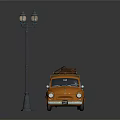 Orange Vintage Car With Roof Luggage And Street Lamp In Dark Setting