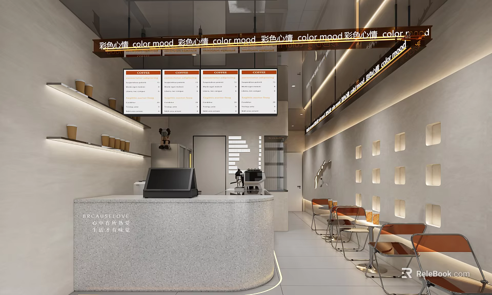 Modern Bubble Tea Shop Interior Featuring Stone Counter Digital Menu Boards And Cozy Seating 3d model 