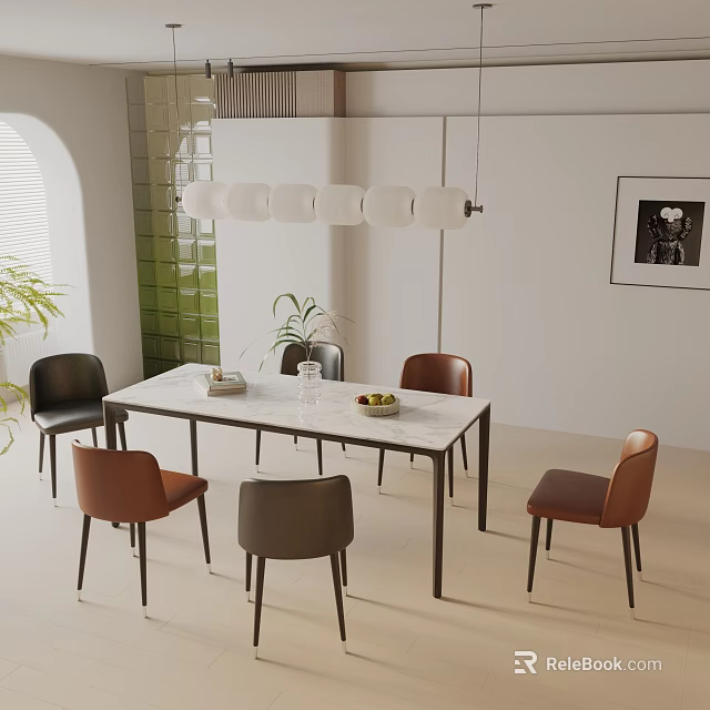 Modern Dining Table Set With Chairs Hanging Pendant Light And Potted Plants 3d model