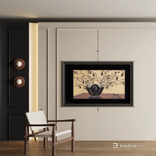 Abstract Painting Framed Hanging On Beige Wall With White Chair And Decorative Elements 3d model 