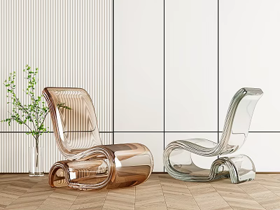 Modern Transparent Copper Leisure Chairs With Geometric Wall And Wooden Floor Green Plant 3d model
