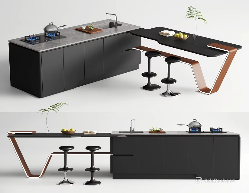 Modern Bar Area Interior With Black Cabinets Bar Stools And Marble Countertop 3d model 