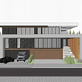 Elegant Modern Detached Villa Exterior With Glass Windows Wooden Garage And Palm Trees