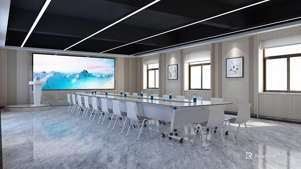 Modern Conference Room Interior With Long Table White Chairs Large Screen And Snow Mountain 3d model 