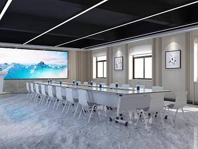 Modern Conference Room Interior With Long Table White Chairs Large Screen And Snow Mountain 3d model