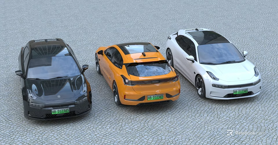 Three Different Colored Electric Cars Parked On Road 3d model 