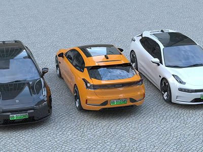 Three Different Colored Electric Cars Parked On Road 3d model