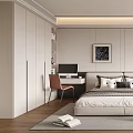 Modern Minimalist Bedroom Interior With Double Bed Wardrobe Desk And Decorative Rug