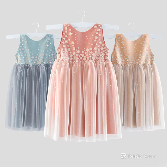 Pastel Colored Sleeveless Dresses With Polka Dot Top And Tulle Skirt 3d model 