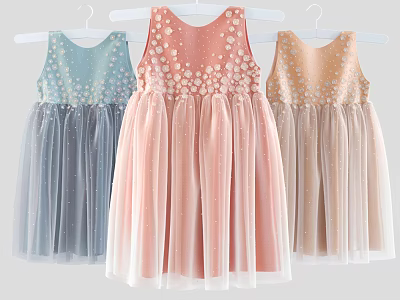 Pastel Colored Sleeveless Dresses With Polka Dot Top And Tulle Skirt 3d model