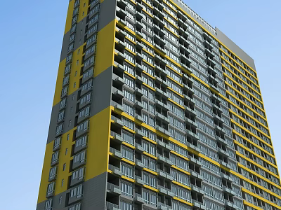 Modern High Rise Building with Yellow Gray Facade and Hinged Doors on Balconies 3d model