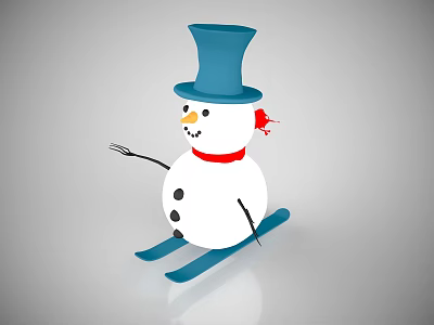 Snowman With Blue Top Hat Red Scarf And Skis On Gray Background 3d model