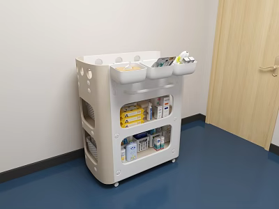 White Medical Cart With Storage Shelves Holding Medical Supplies In Hospital Room 3d model