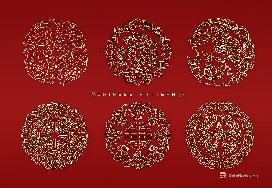 Traditional Chinese Wall Decor With Gold Circular Patterns On Red Background 3d model