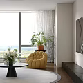 Modern Living Dining Room With Blue Sofa Yellow Chair Round Rug And Large Windows