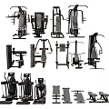 Various Types Of Professional Fitness Equipment With Multifunctional Training Machines And Benches